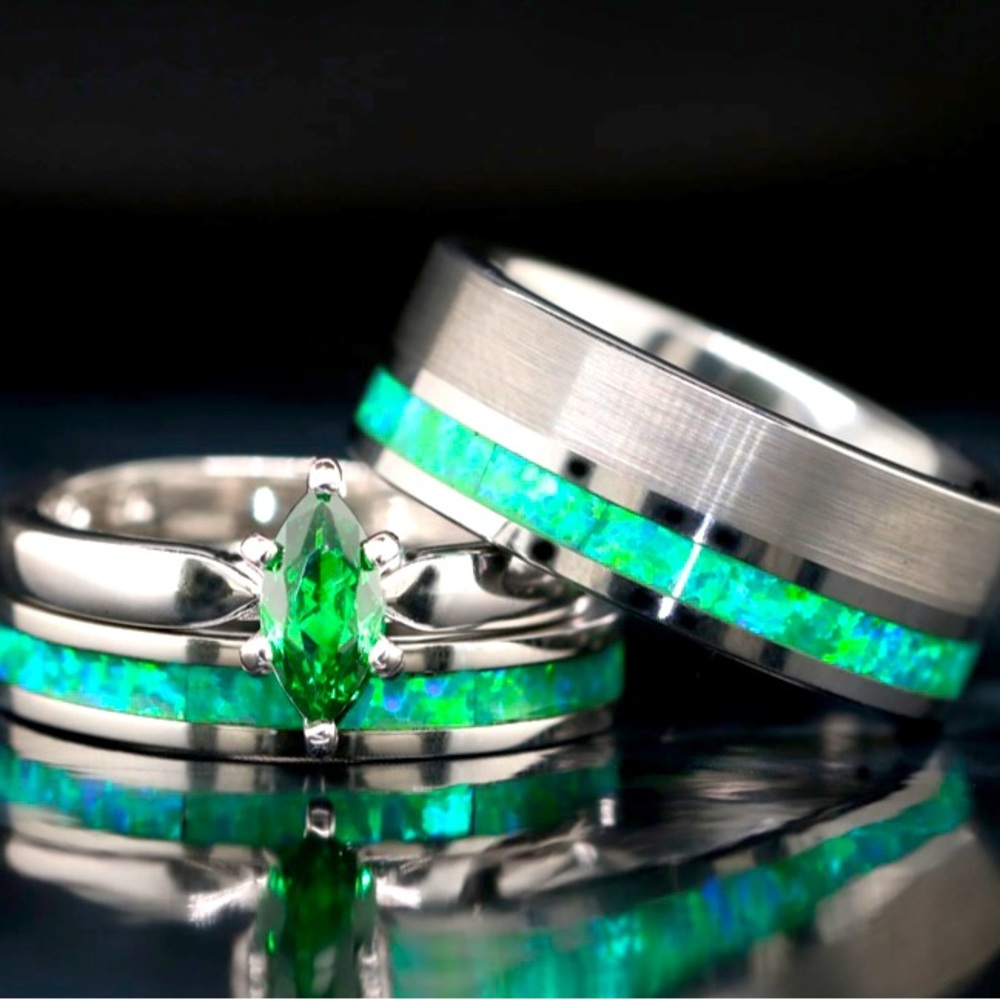 His and Her 3 piece Opal Wedding Ring Set Green Opal Rings